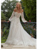 Beaded Ivory Lace Tulle Fairytale Wedding Dress With Detachable Sleeves